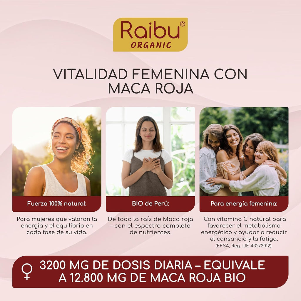 Red Maca BIO Peruana - 180 capsules of Red Maca with vitamin C - Vitality and feminine balance - 3,200 mg per daily dose (equivalent to 12,800 mg of Peru root) - Certified organic