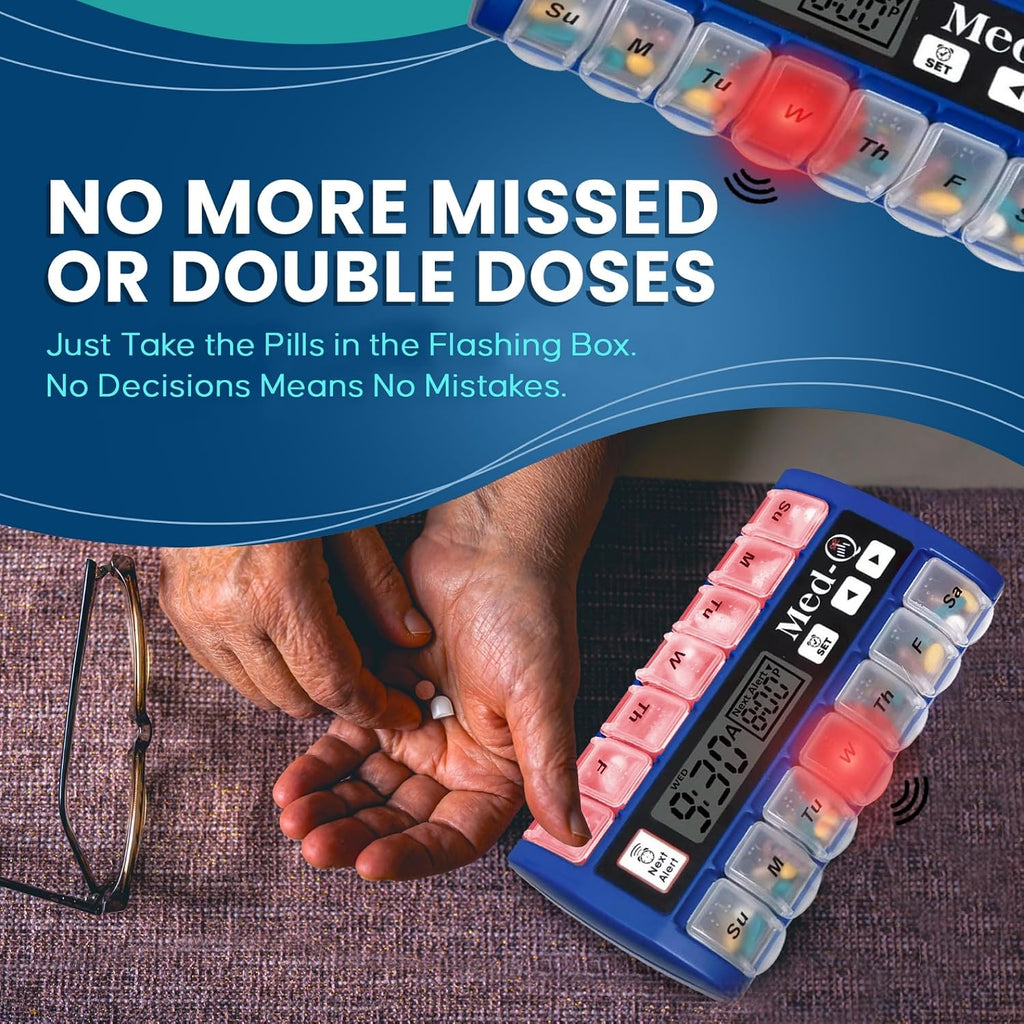 Med-Q Electronic Pill Dispenser with Alarm for Dementia and Elderly | Beeps louder until pills are taken, flashing light shows which box to open, repeats every 30 minutes if missed