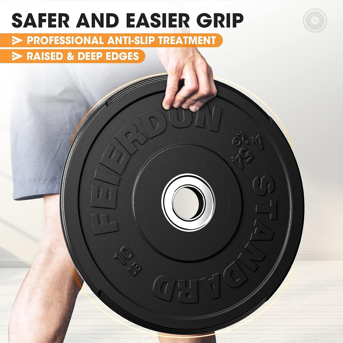 FEIERDUN Color Bumper Plate Set, 2-Inch Olympic Weight Plates, Low Bounce Rubber Barbell Plates with Stainless Steel Insert for Weightlifting, Strength Training, CrossFit & Home Gym, 10LB-370LB