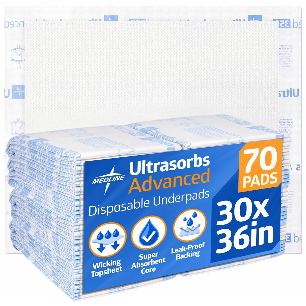Medline Ultrasorbs Advanced Extra Strength Drypads, 30" x 36", 70 Count, Super Absorbent Disposable Pads, Incontinence Bed Pads, Chucks Bed Pads, Elderly, 350 lb Repositioning Capacity