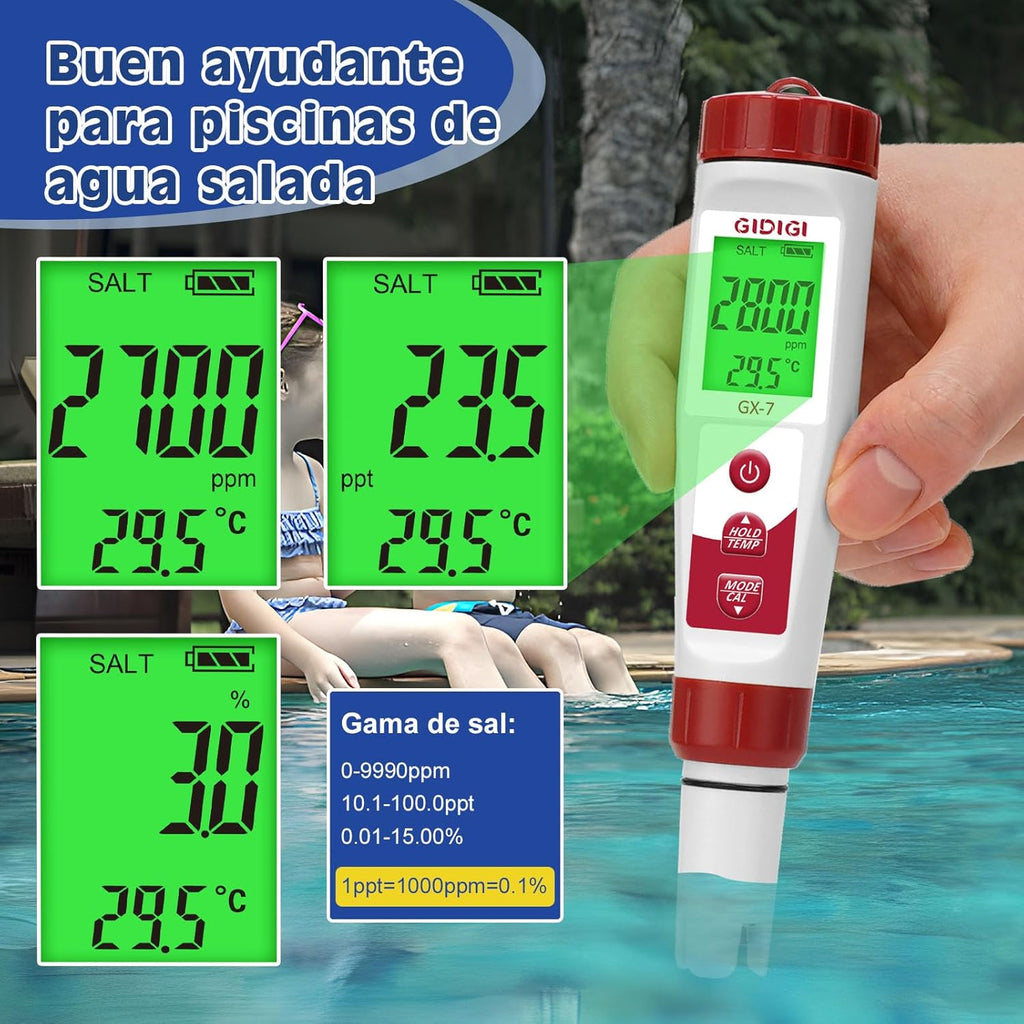 Digital Chlorine and pH Meter, 7 in 1 Pool pH and Chlorine Tester, ORP Meter Chlorine Salt EC PPM, Salt and Chlorine Test for Swimming Pools, Hydroponics, Drinking Water and Salt Water Fish Tank