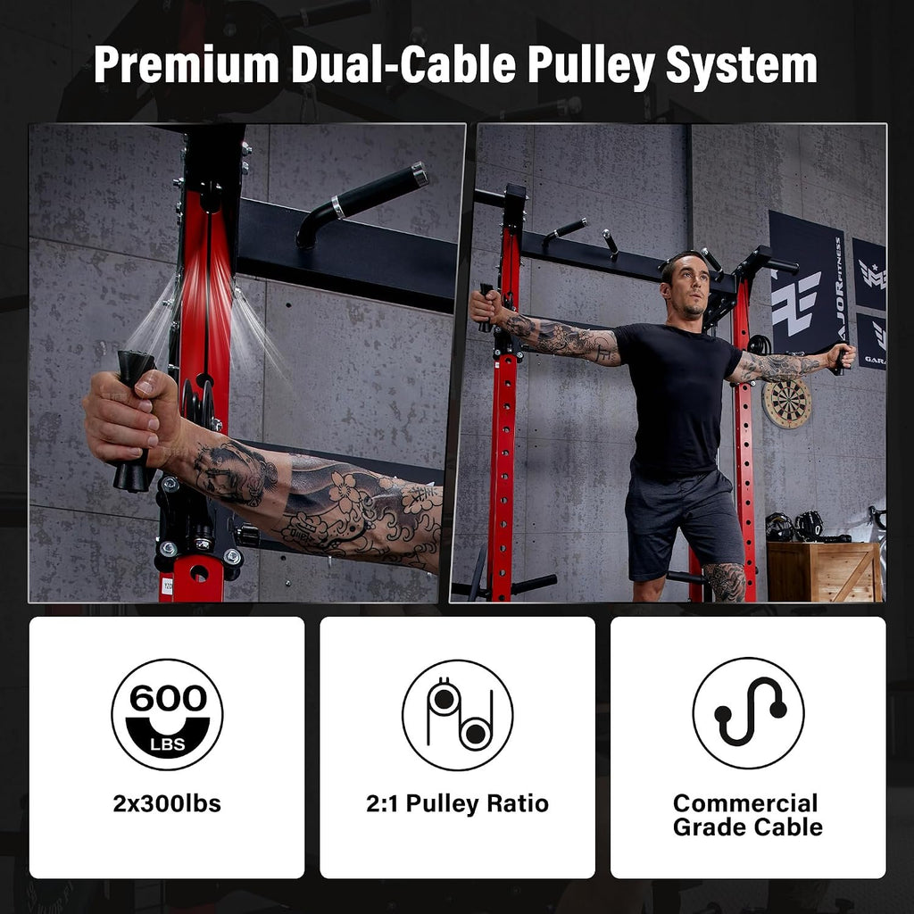 MAJOR FITNESS F22 Power Rack, 1600lbs All-in-One Squat Rack with Dual Pulley System, Heavy-Duty Steel Frame, Attachments & Storage for Home Gym Strength Training
