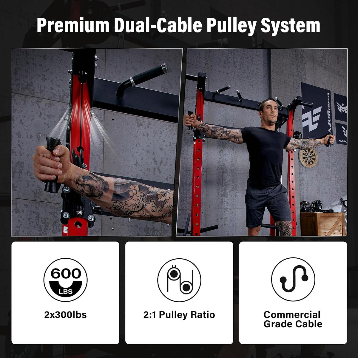 MAJOR FITNESS F22 Power Rack, 1600lbs All-in-One Squat Rack with Dual Pulley System, Heavy-Duty Steel Frame, Attachments & Storage for Home Gym Strength Training