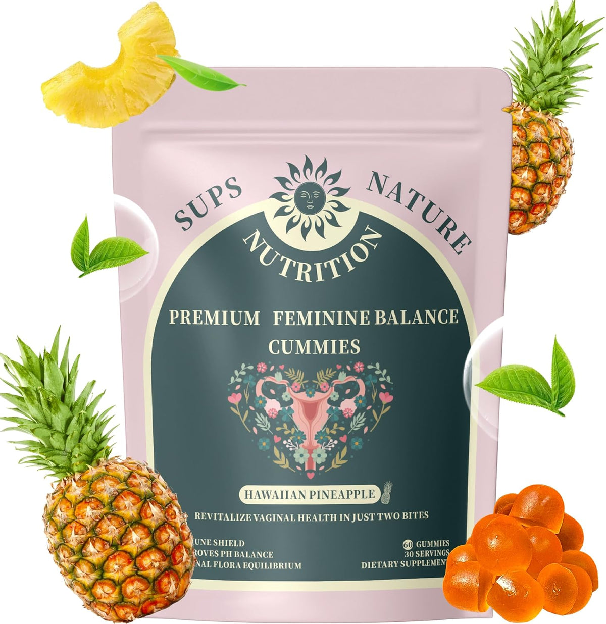 Women's Probiotic Gummies Premium Feminine Balance Gummies for Women – pH Balance Health Support with Probiotics Hawaiian Pineapple Flavor-Vegan & Sugar-Free, 60 Gummies 30 Servings