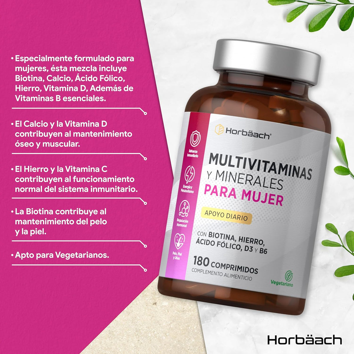 Women's Multivitamins | Energy | Hormonal Balance | Immunity | Hair Skin & Nails | Bones | 180 Tablets with Iron, Vitamin B6, Biotin & More! | Vegetarian | Horbaach