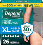 Depend Fresh Protection Adult Diapers, Incontinence Underwear for Men, Disposable, Maximum, Extra-Large, Grey, 26 Count, Packaging May Vary