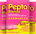 Pepto Bismol Chewable Tablets, Upset Stomach Relief, Nausea Relief, Heartburn Relief, Indigestion Relief, Anti Diarrhea Medication for Adults - 5 Symptom Relief, 90 Chewable Tablets (3x30 ct)
