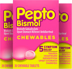 Pepto Bismol Chewable Tablets, Upset Stomach Relief, Nausea Relief, Heartburn Relief, Indigestion Relief, Anti Diarrhea Medication for Adults - 5 Symptom Relief, 90 Chewable Tablets (3x30 ct)