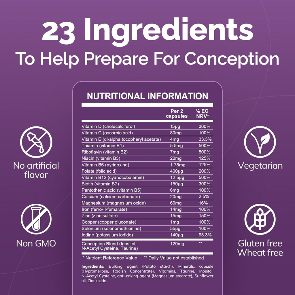 Conceive Plus Women's Fertility Support - Supports Menstrual Regularity & Hormonal Balance - Fertility Supplements for Women with Folate, Vitamin C, Zinc, & Inositol - Prenatal Vitamins - 60 Capsules