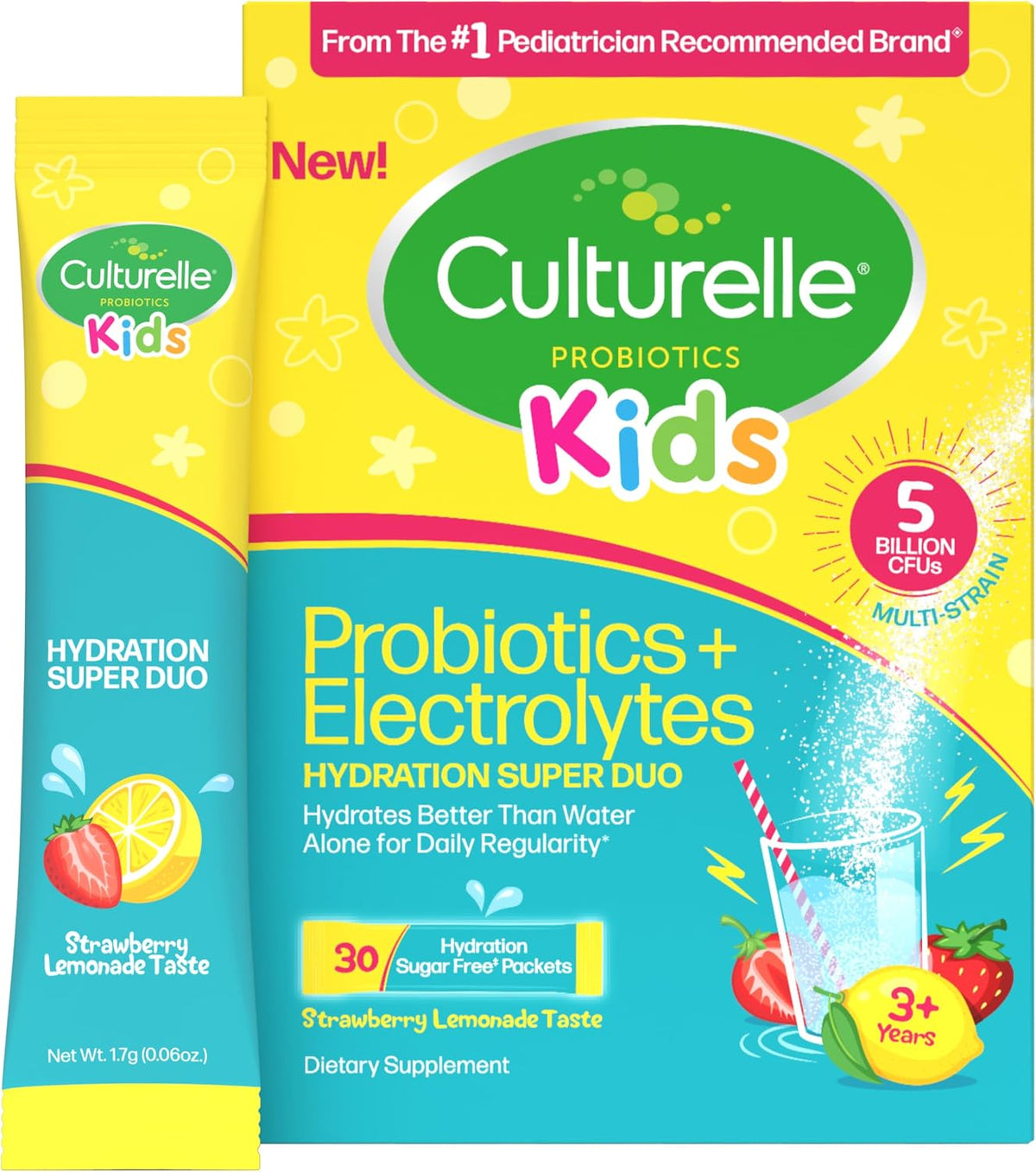 Culturelle Kids Probiotics + Electrolytes, Strawberry Lemonade, 30 Packets