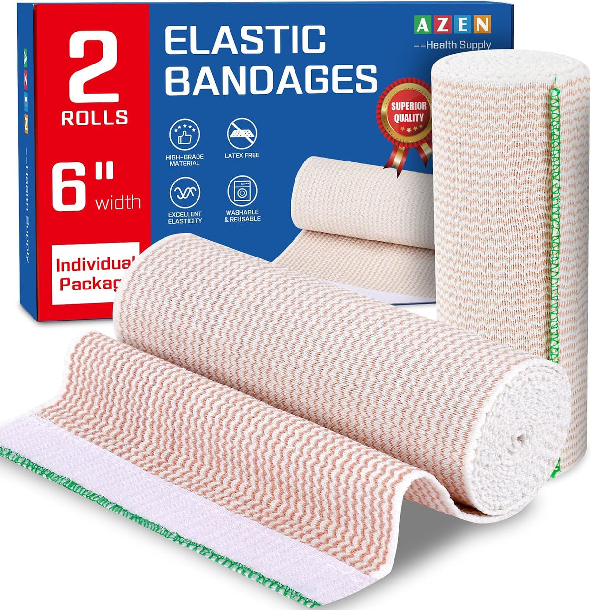 AZEN Premium 2 Pack Elastic Bandage Wrap 6 Inch, Compression Wrap Bandage for Legs, Ankle, Knee, Tummy, Body, Latex-Free, Lymphedema Wraps for Legs