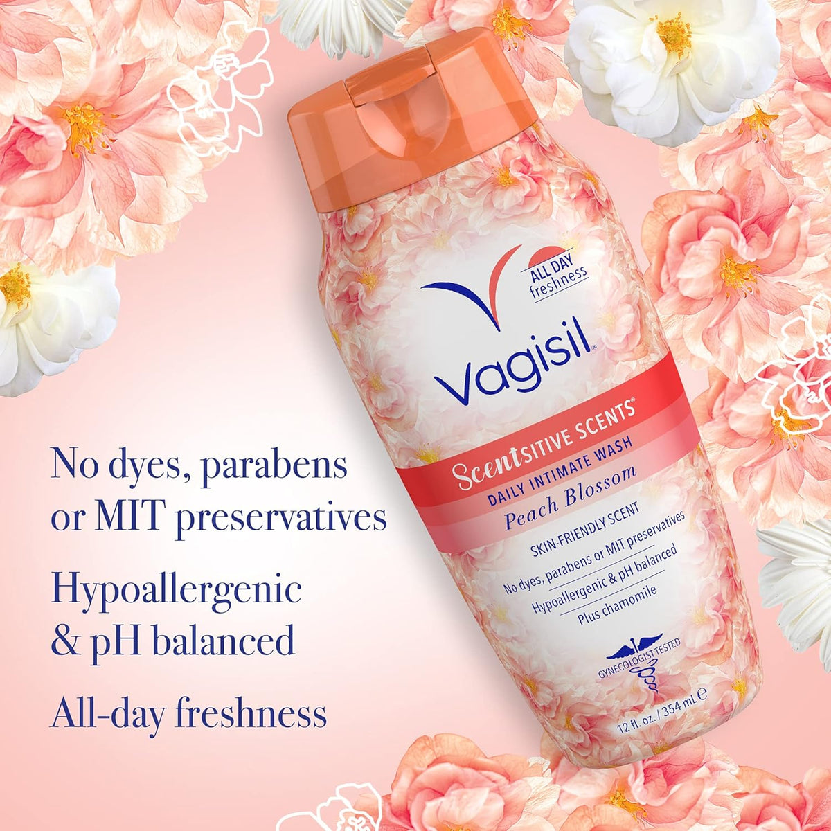 VAGISIL Scentsitive Scents Daily Intimate Feminine Vaginal Wash, Peach Blossom, 12 Fluid Ounce / 354ml