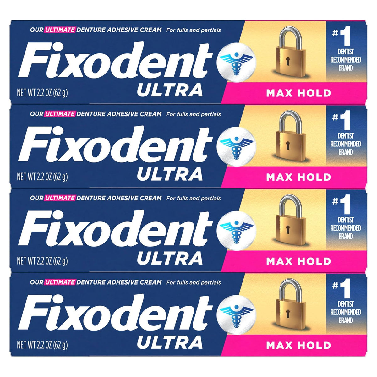 Fixodent Ultra Max Hold Denture Adhesive Cream, 2.2 oz (4-Pack) – Strong False Teeth Glue and Secure Dental Adhesive for Full or Partial Plates, Prevent Food Slipping