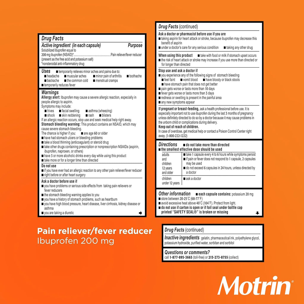 Motrin IB Liquid Gels, 200mg Ibuprofen, 120 Caplets | Pain Reliever, Muscle Aches, Headache, Backache, Toothache, Menstrual Cramps, Minor Arthritis Pain