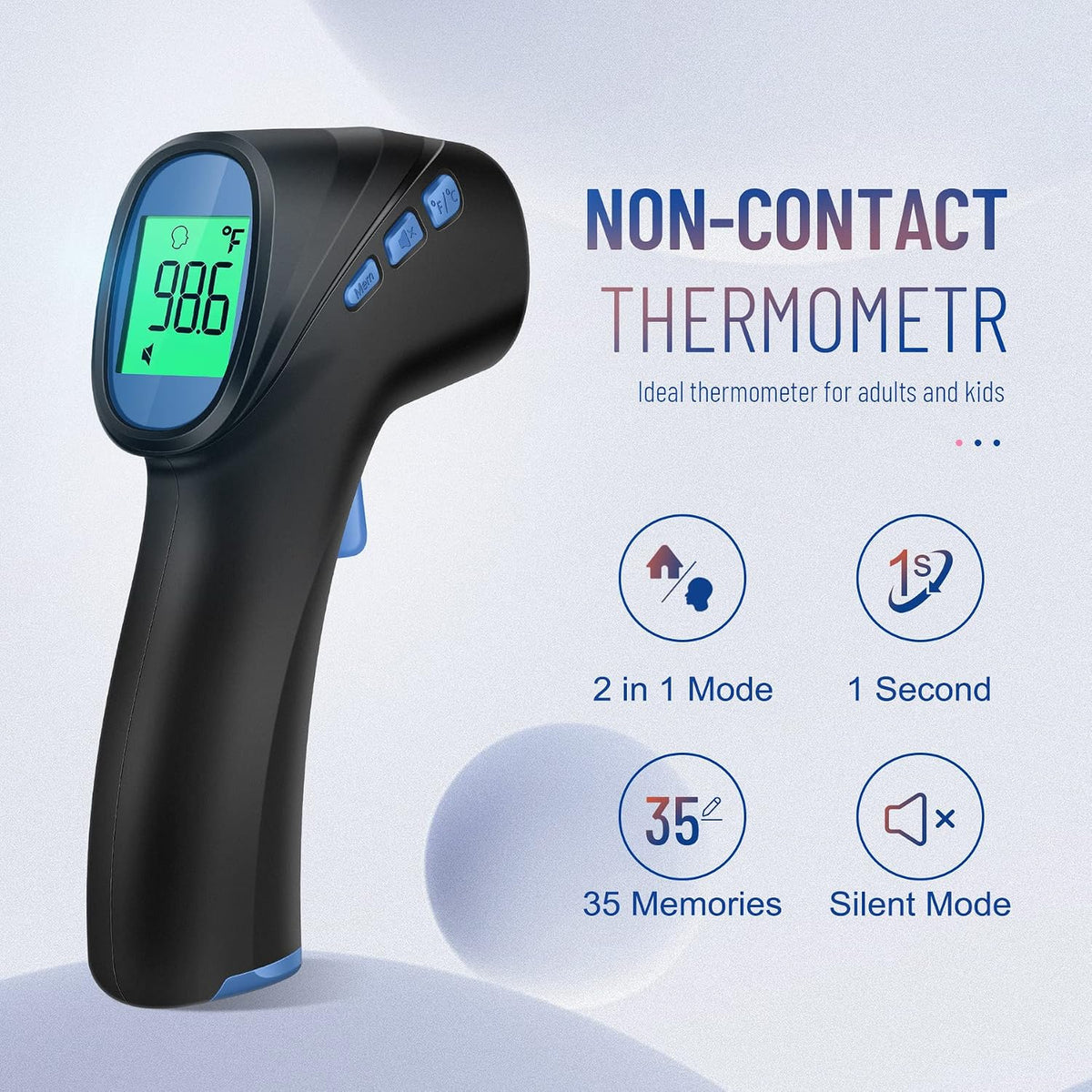 Forehead Thermometer for Adults and Kids, Non Contact, 1s Result (Black) | 3-Color Fever Alarm, 35 Memory Recalls, 2-in-1 Mode, Silent Mode, Large & Clear Backlit Display, FSA Eligible, Easy to use