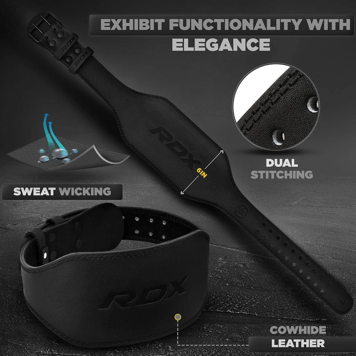 RDX Weight Lifting Belt Gym Fitness, Cowhide Leather, 4” 6” Padded Lumbar Back Support, 10 Adjustable Holes, Weightlifting Powerlifting Bodybuilding Deadlift Squat Workout Strength Training, Men Women