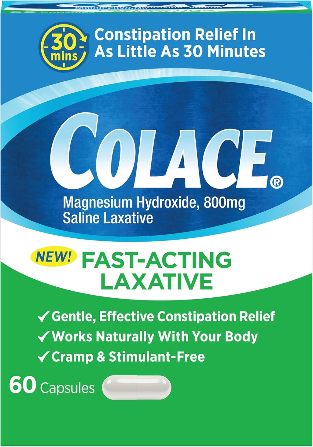 Colace Saline Laxative, Fast Acting Constipation Relief for Adults, 60 Ct | Gentle Magnesium Hydroxide Formula, Non-Stimulant Laxative, Severe Constipation Relief