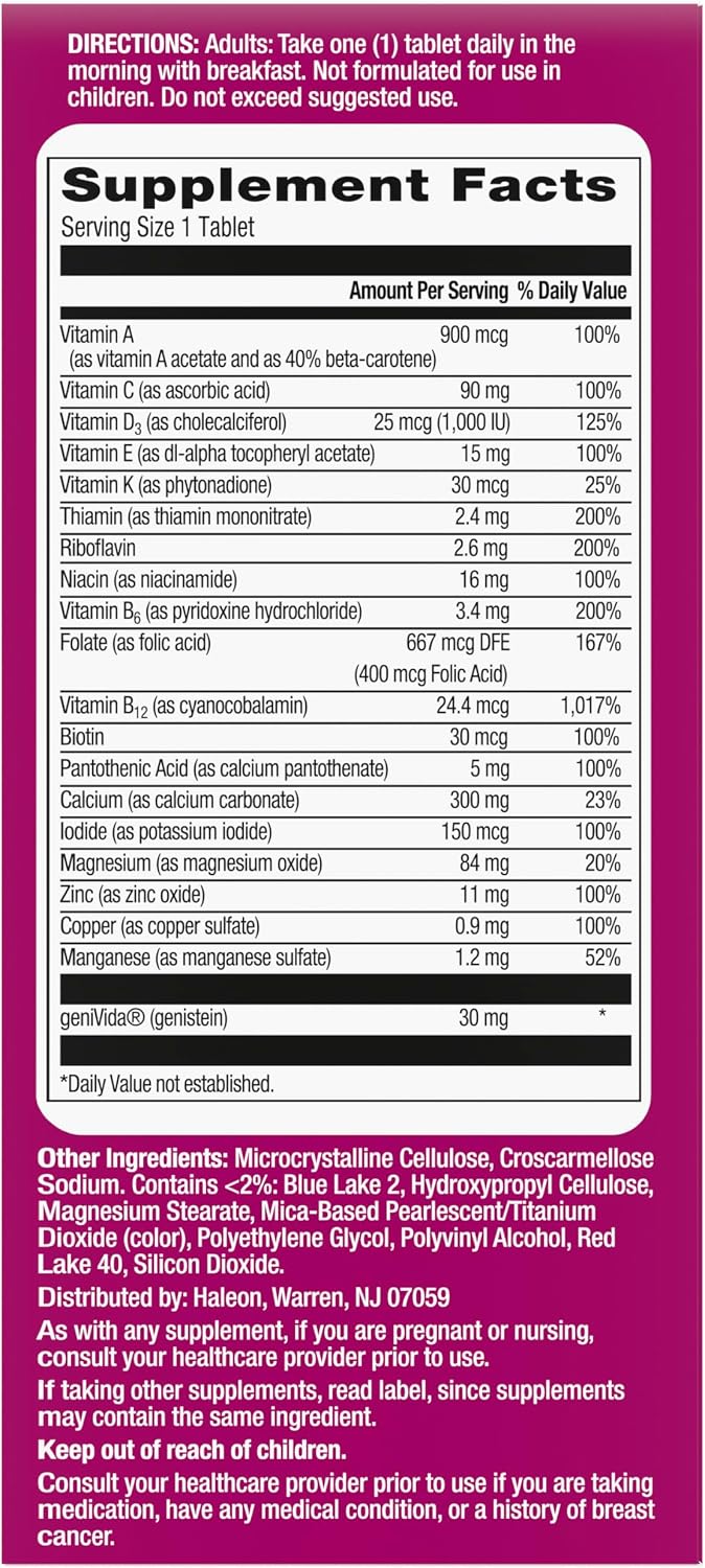 Centrum Complete Multivitamin Supplement, 30 Count | Hot Flash Support Menopause Support Tablets, with Clinically Studied geniVida, Gluten Free, Non-GMO Ingredients