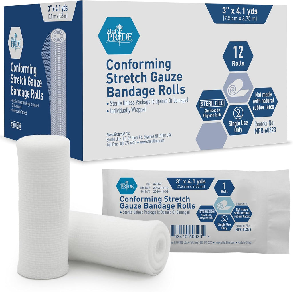 MED PRIDE Sterile Stretch Gauze Bandage,Latex-Free,3 in x 4.1 yd,12-Pack