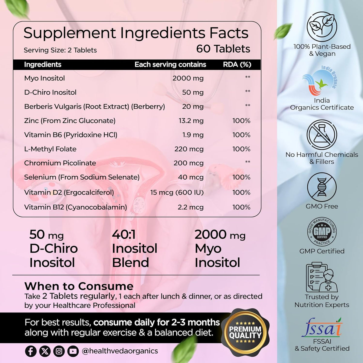 Health Veda Organics PCOS Support Supplement for Women | Myo-Inositol + D-Chiro Inositol 40:1 | 60 Plant-Based Veg Tablets | Support Regular Menstruation