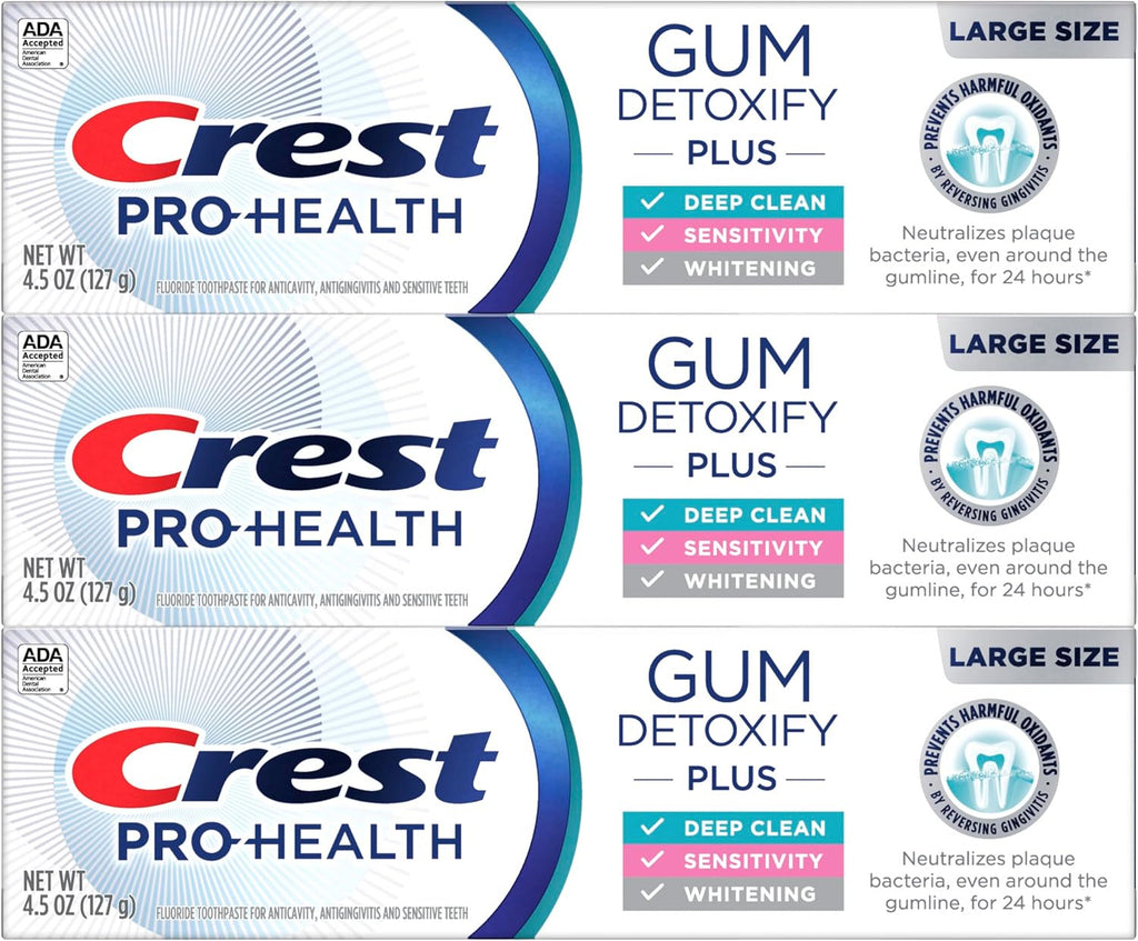 Crest Pro-Health Gum Detoxify Plus Toothpaste 4.5 oz Pack of 3 - Antibacterial Fluoride Toothpaste, Sensitivity Protection, Whitens Teeth, Anticavity, Plaque Control
