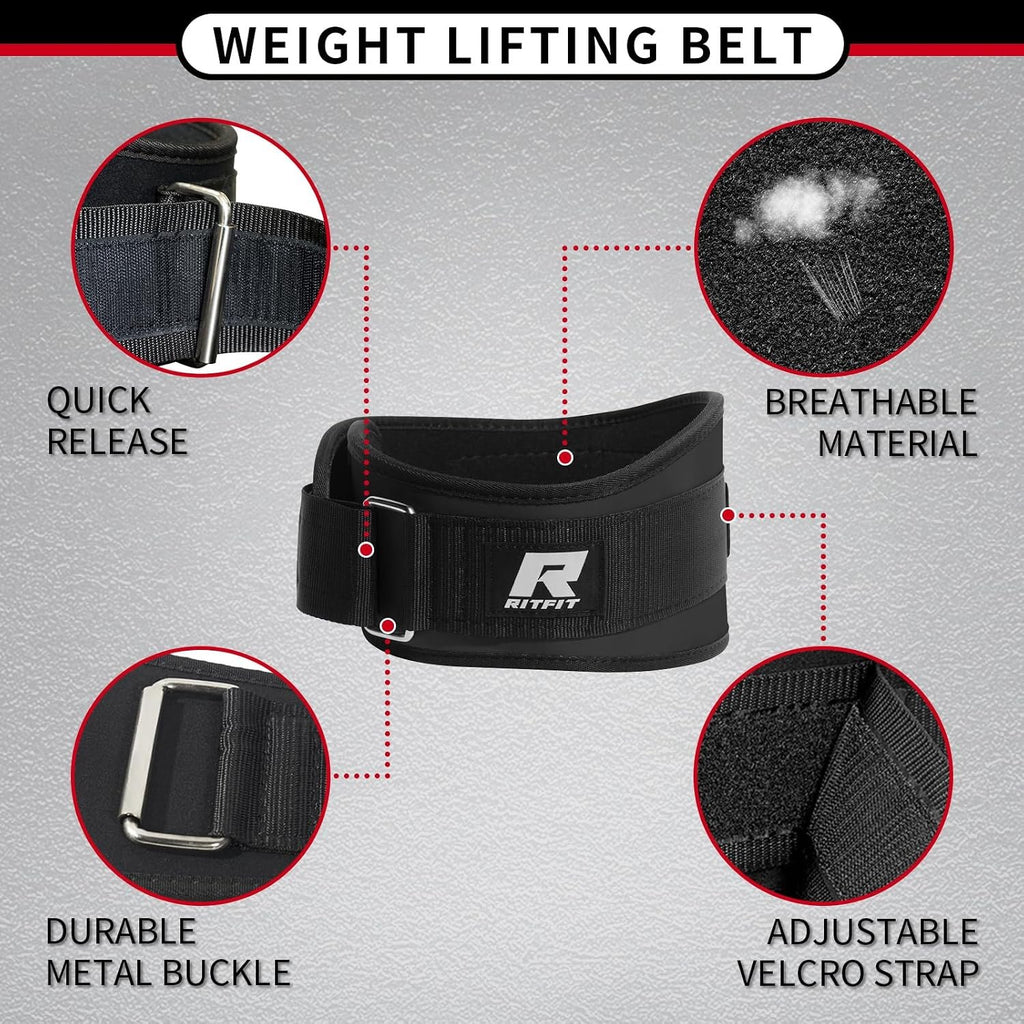 RitFit Weight Lifting Belt 6 Inch for Squats Deadlift Strength Training | Padded Lumbar Support, Self-Locking Gym Belt for Men & Women, Squats, Lunges, Deadlift, Thrusters