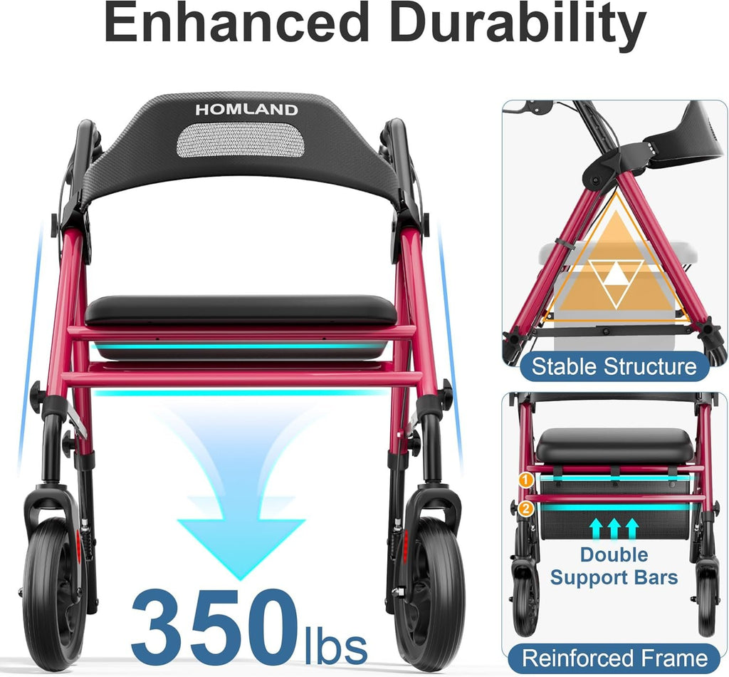 HOMLAND Foldable Rollator Walkers for Seniors with Seat, 16" Enlarged Seat | 350 lb Sturdy Frame, 16"×12" Seat 1.9" Thick, 8" Big Wheels, Adjustable Height, Tool-Free Assembly, All Terrain Mobility Aid