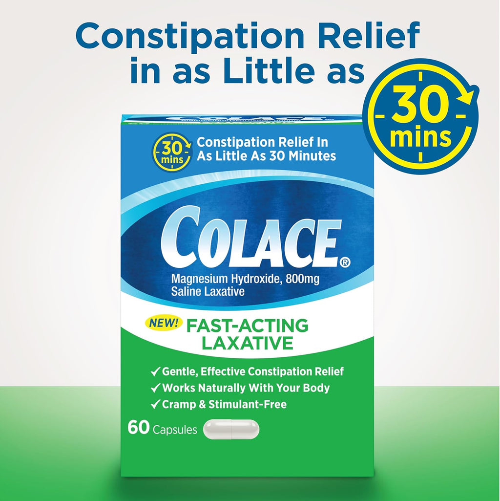 Colace Saline Laxative, Fast Acting Constipation Relief for Adults, 60 Ct | Gentle Magnesium Hydroxide Formula, Non-Stimulant Laxative, Severe Constipation Relief