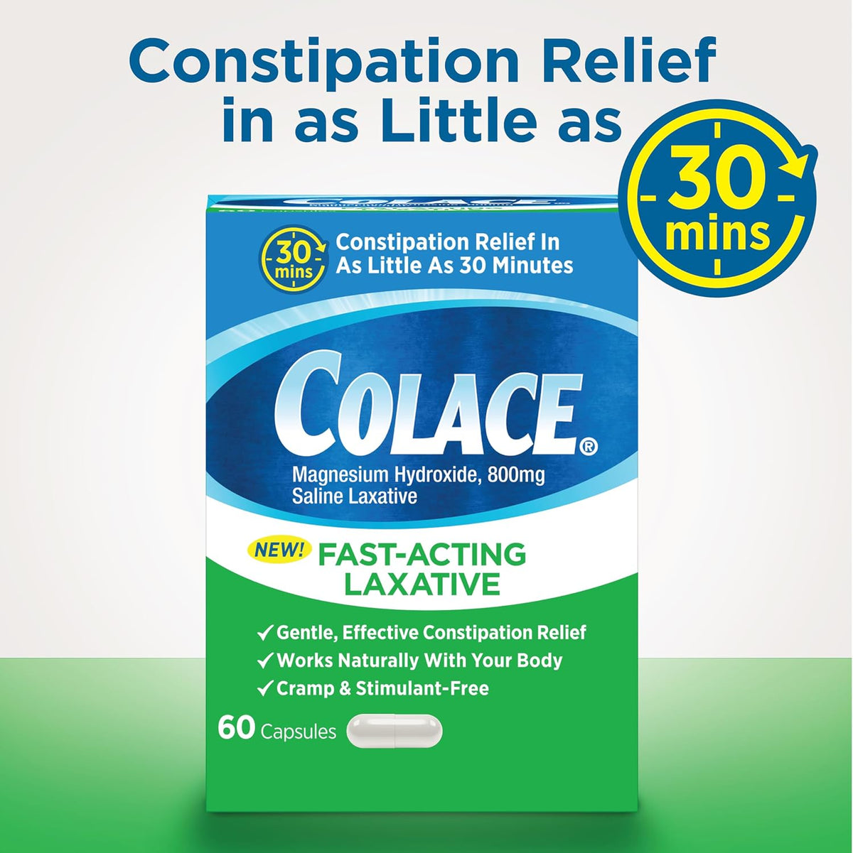 Colace Saline Laxative, Fast Acting Constipation Relief for Adults, 60 Ct | Gentle Magnesium Hydroxide Formula, Non-Stimulant Laxative, Severe Constipation Relief