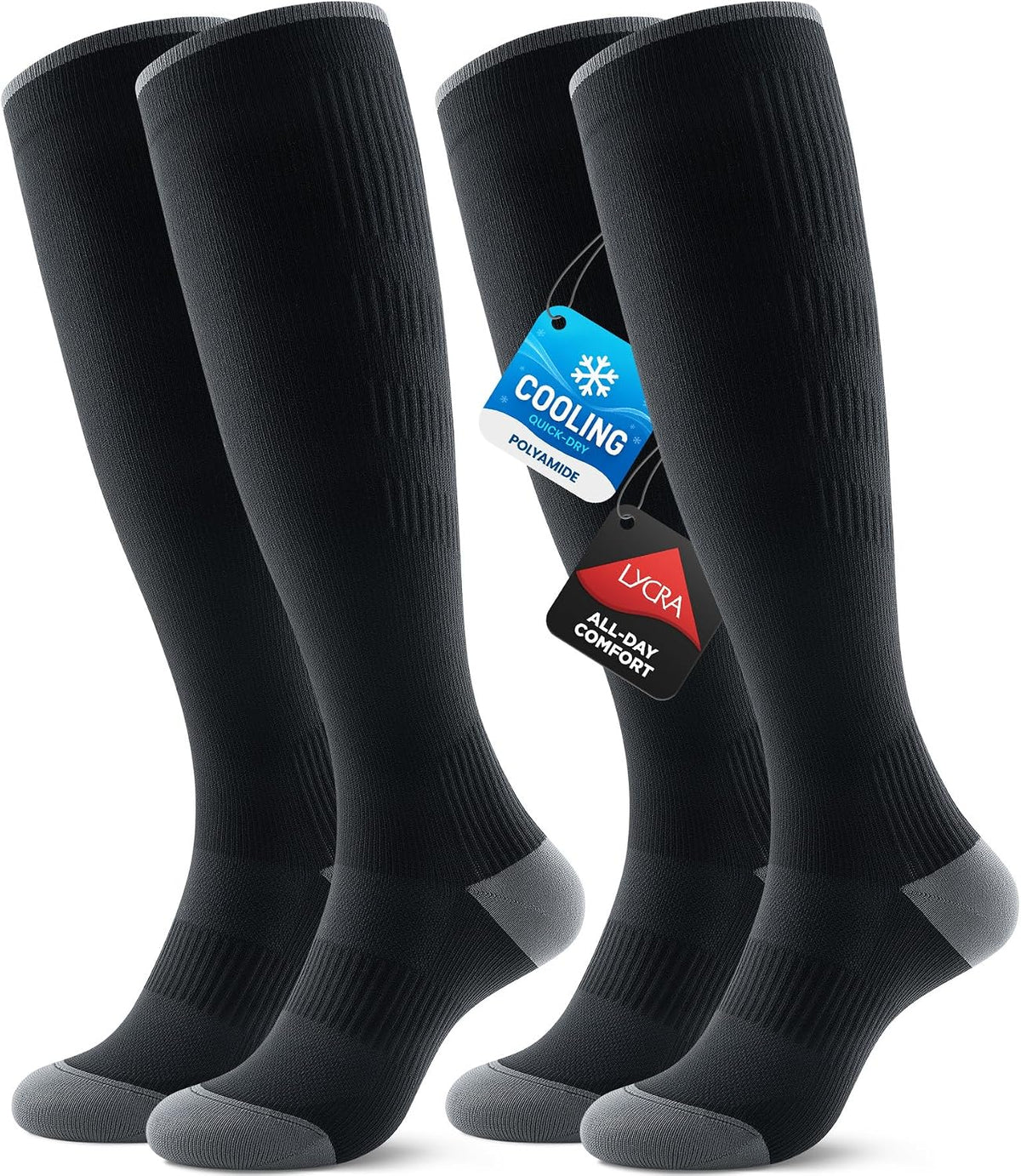 Benirap Breathable Compression Socks for Women Men, 15-20 mmHg Knee High Circulation for Travel, Flying, Athletic, 2 pairs