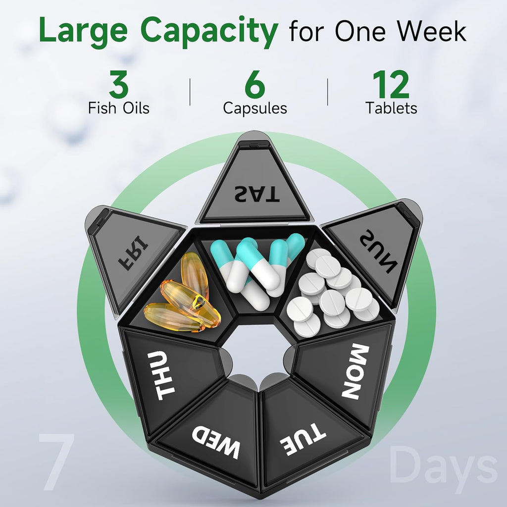Weekly Pill Organizer, 2 Pack Portable Travel Pill Box, 7 Day Pill Case | Easy Open, BPA-Free, Arthritis Friendly Medicine Pill Container, Medicine Case for Vitamins,Supplements Medications, Black