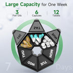 Weekly Pill Organizer, 2 Pack Portable Travel Pill Box, 7 Day Pill Case | Easy Open, BPA-Free, Arthritis Friendly Medicine Pill Container, Medicine Case for Vitamins,Supplements Medications, Black
