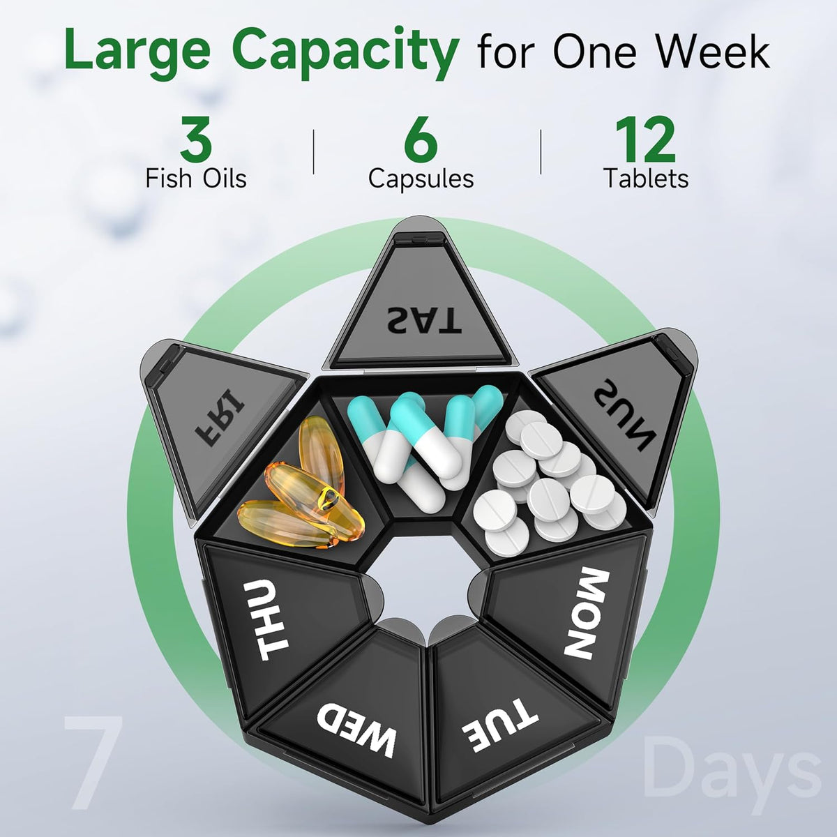 Weekly Pill Organizer, 2 Pack Portable Travel Pill Box, 7 Day Pill Case | Easy Open, BPA-Free, Arthritis Friendly Medicine Pill Container, Medicine Case for Vitamins,Supplements Medications, Black