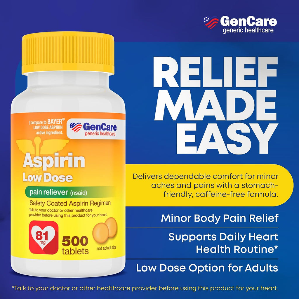 GenCare Low Dose Aspirin 81mg Enteric Coated Tablets, 500 Count | Compares to Bayer; daily low-dose aspirin for heart health, pain & fever relief, baby aspirin