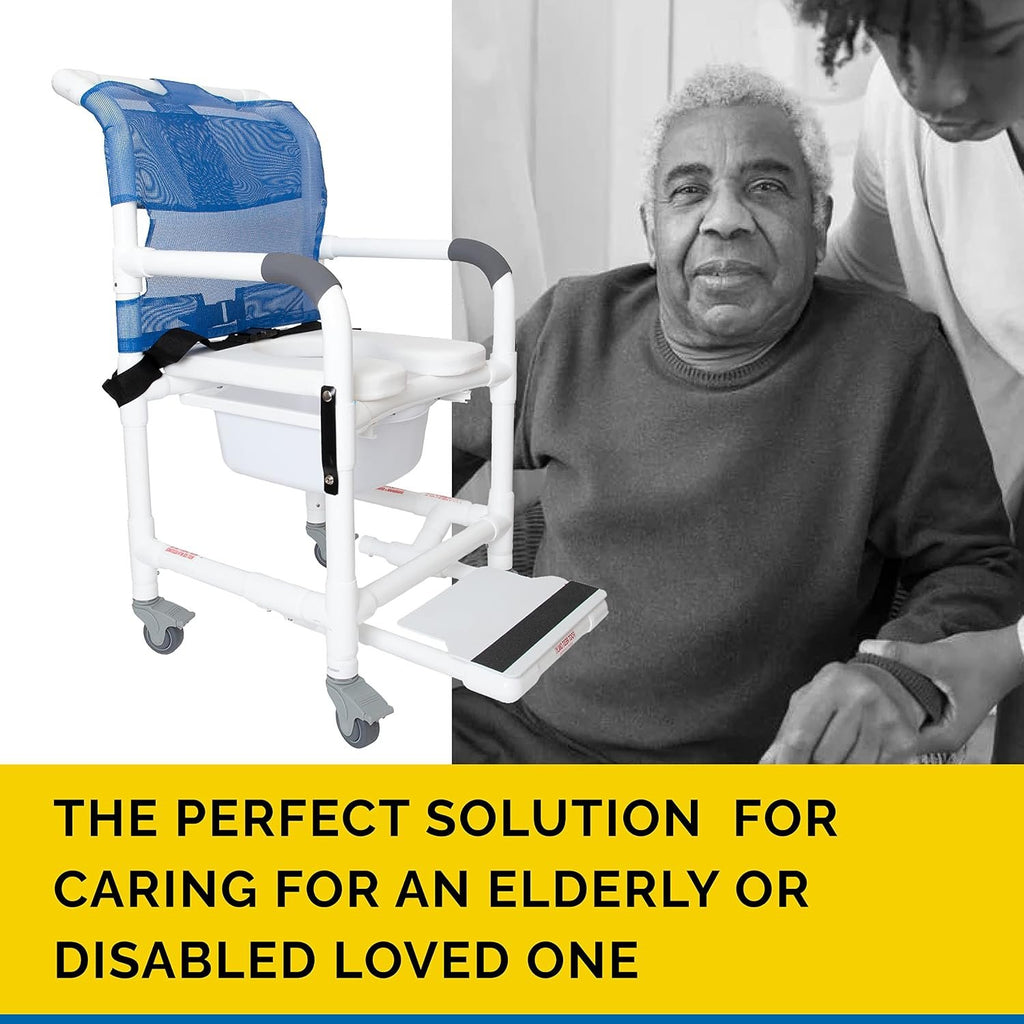 Institutional Grade Rolling Shower Commode Chair with Wheels & Drop Arms – Padded Seat, Locking Casters, Sliding Footrest, Seat Belt – Fits Over Toilet – 300 lb Capacity – DL-1