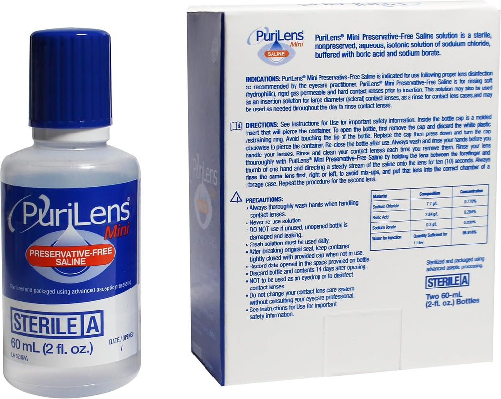 Purilens Mini Preservative-Free Contact Lens Saline 60ml (2 fl. oz.) 2 Pack