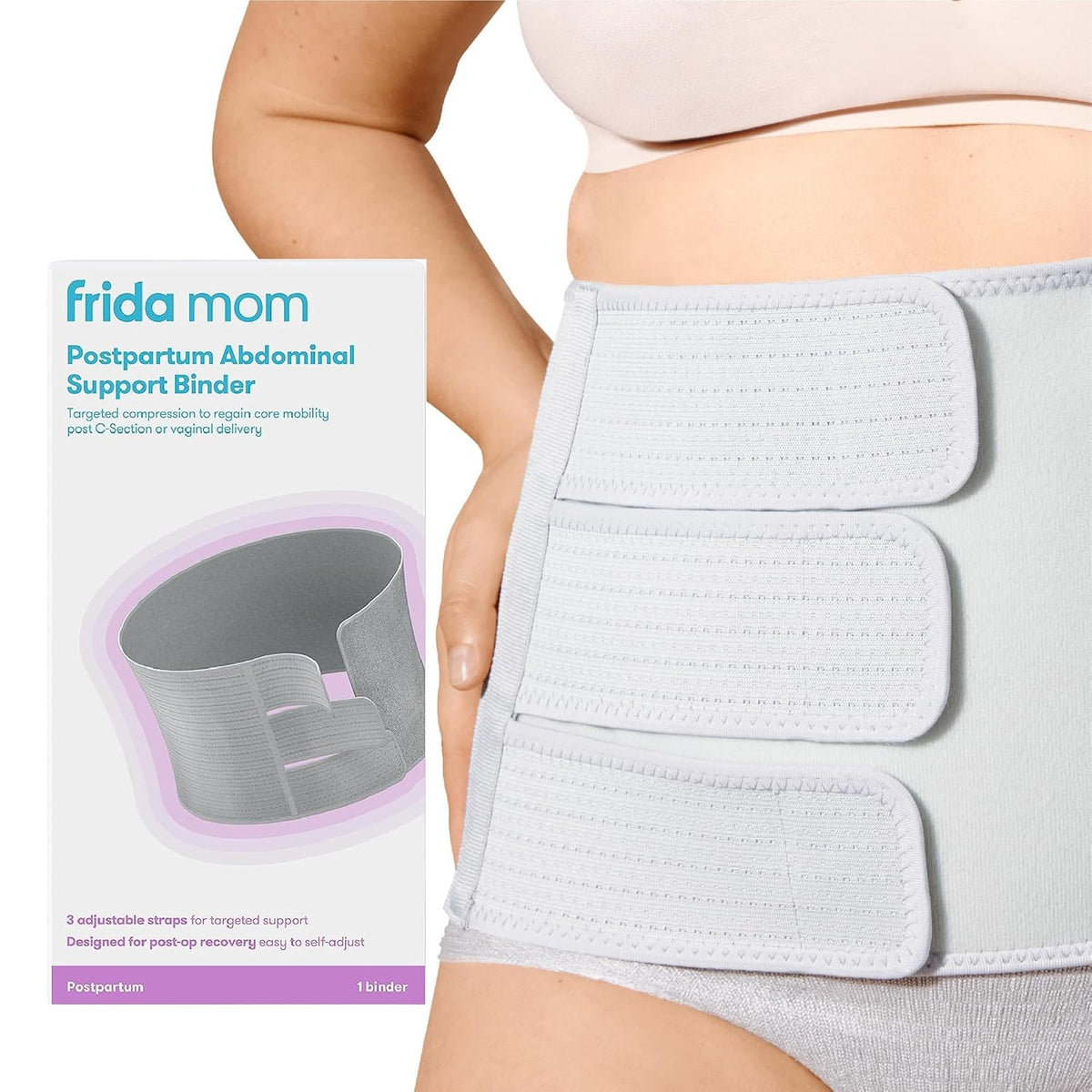 Frida Mom Postpartum Abdominal Support Binder | Natural Delivery & C-Section Recovery | 9" High Adjustable Compression Wrap, Gray