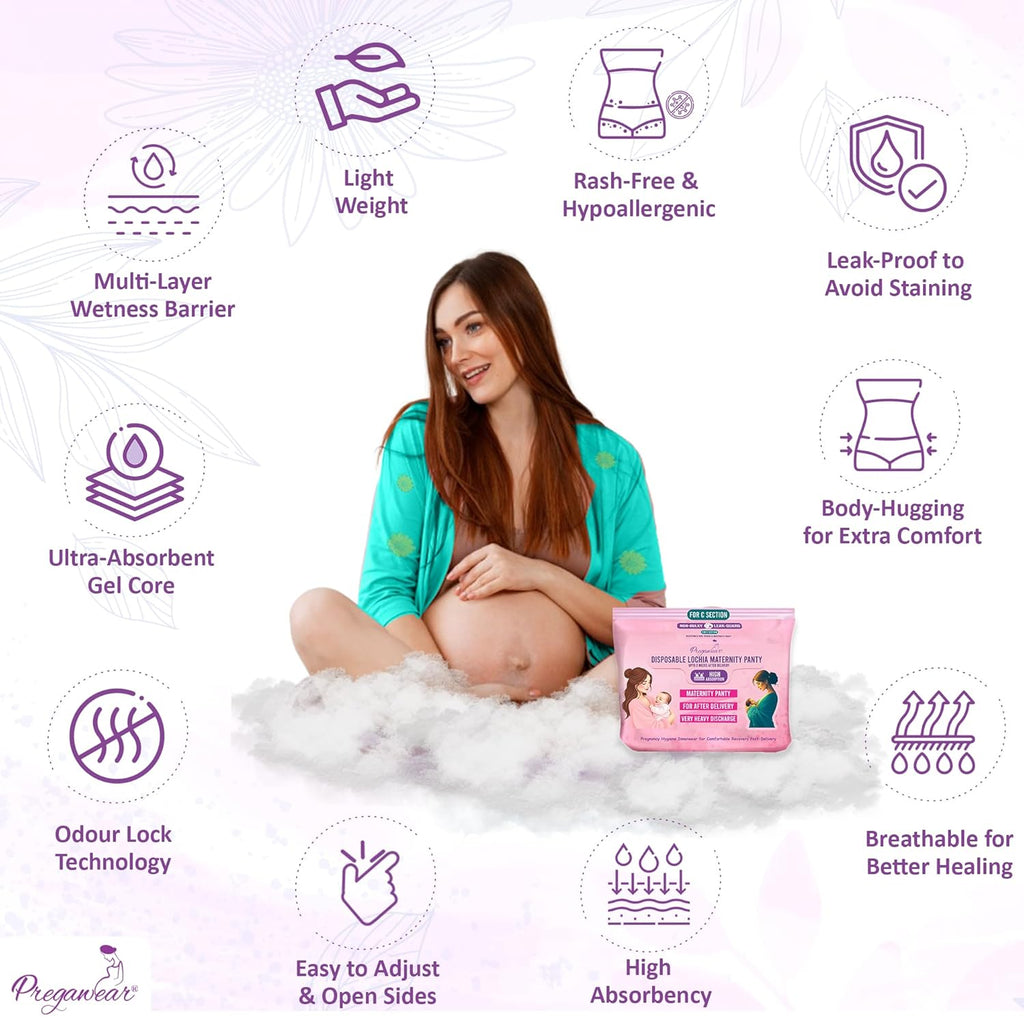Pregawear Lochia Maternity C Section Panty|Heavy Flow Postpartum| Also for Normal DeliveryIDisposable Period Panties|Rash Free|Leak Proof Pads After Delivery|Overnight Protection|Toxic Free 4 pc-XL
