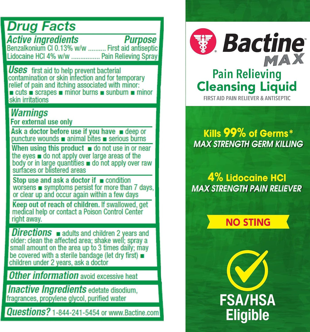 Bactine MAX First Aid Spray - Cleansing Spray with 4% Lidocaine - Relief for Minor Cuts, Burns & Bug Bites - 5oz, 4 Pack | With 4% Lidocaine, Numbs and Relieves Pain and Itch for Minor Cuts, Scrapes, Burns, and Bug Bites
