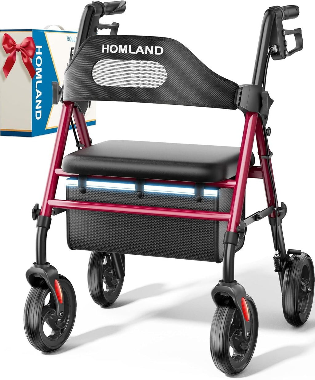 HOMLAND Foldable Rollator Walkers for Seniors with Seat, 16" Enlarged Seat | 350 lb Sturdy Frame, 16"×12" Seat 1.9" Thick, 8" Big Wheels, Adjustable Height, Tool-Free Assembly, All Terrain Mobility Aid