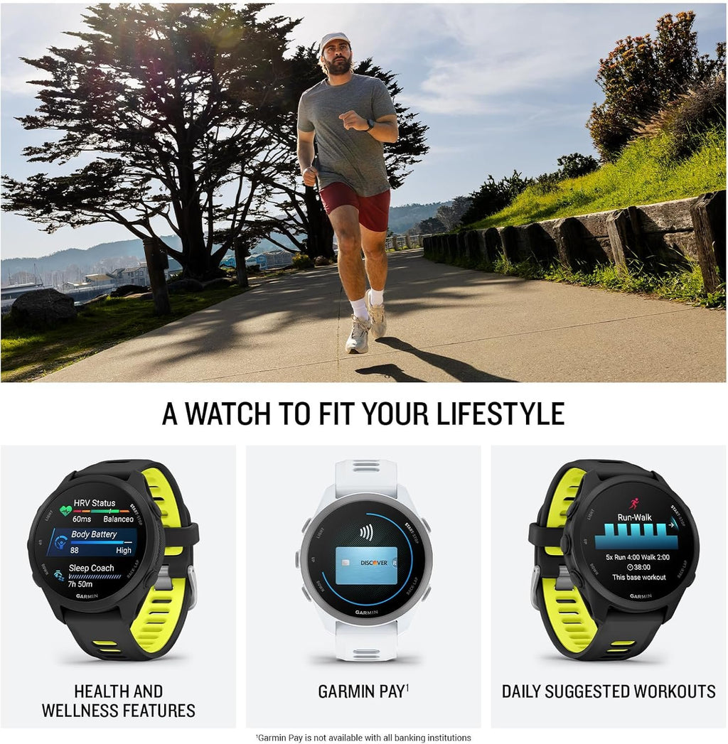 Garmin Forerunner® 170, GPS Running Smartwatch, Advanced Training Metrics and Recovery Insights, Black with Black/Amp Yellow Band