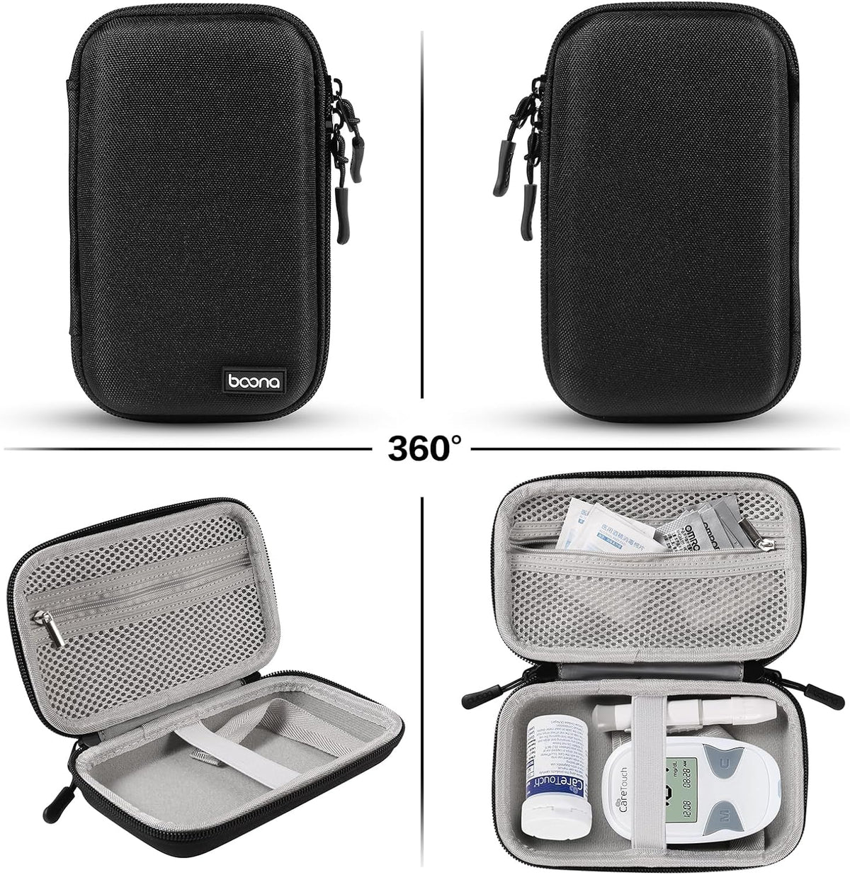 Diabetes Travel Case EVA Hard Shell Diabetic Supplies Bag Organizer for Blood Sugar Testing Kit, Glucose Monitor Kit with Meter, Glucose Test Strips, Lancets, Lancing Device, Alcohol Wipe (Black)