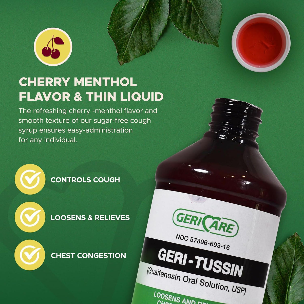 GeriCare Geri-Tussin Guaifenesin Oral Liquid Solution, Sugar-Free, Alcohol-Free Cough and Cold Relief Syrup, Helps Clear Chest Congestion, 16 Ounce Bottle (Pack of 1)