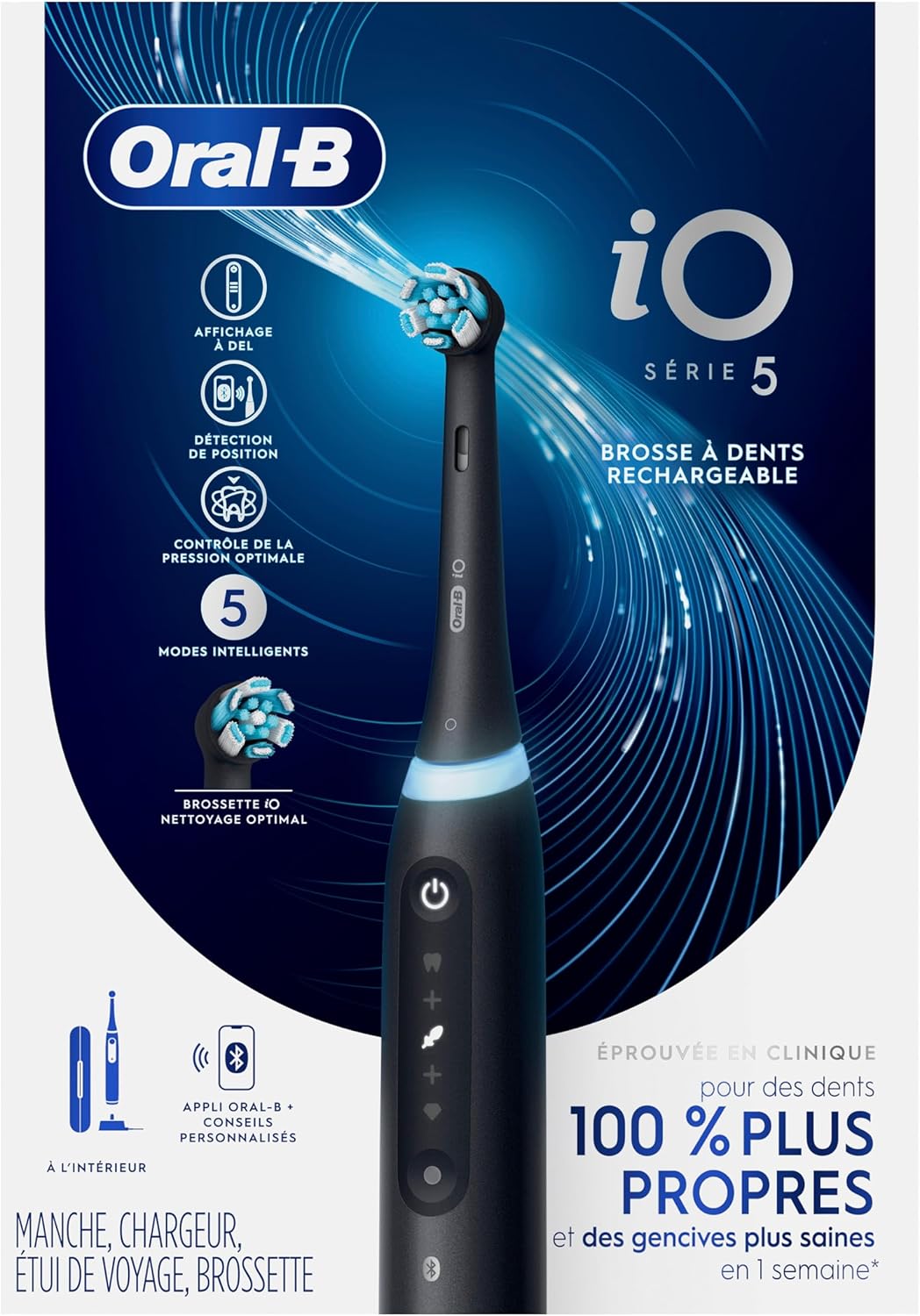 Oral-B Rechargeable Electric Toothbrush, iO5 Customizable Clean, 5 Cleaning Modes, Visual Pressure Sensor to Protect Gums, Travel Case, Black