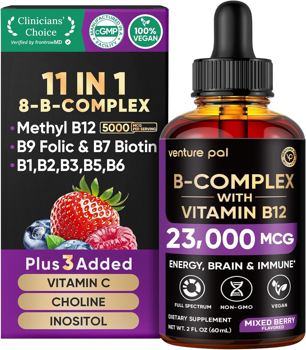 Vitamin B Complex 23000mcg - Methyl B12| B9 Folic|B7 Biotin,B1,B2,B3,B5,B6, | Vitamin B Complex Liquid Drops for Men & Women with Vitamin C, Choline & Inositol for Energy, Immune & Brain Support - 2Oz