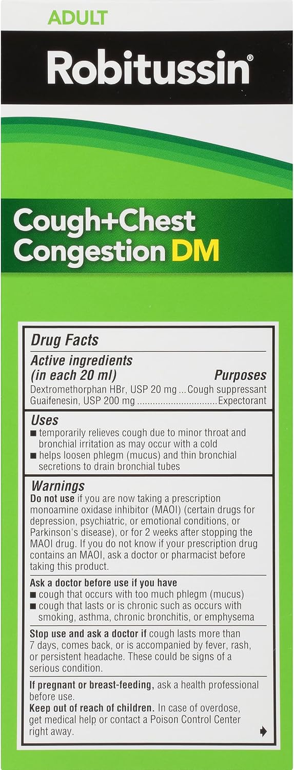 Robitussin DM Cough and Chest Congestion, Raspberry, 8 fl oz | Adult Cough Suppressant and Expectorant, Cough Plus Chest Congestion, Thins and Loosens Mucus, Fast and Effective Relief