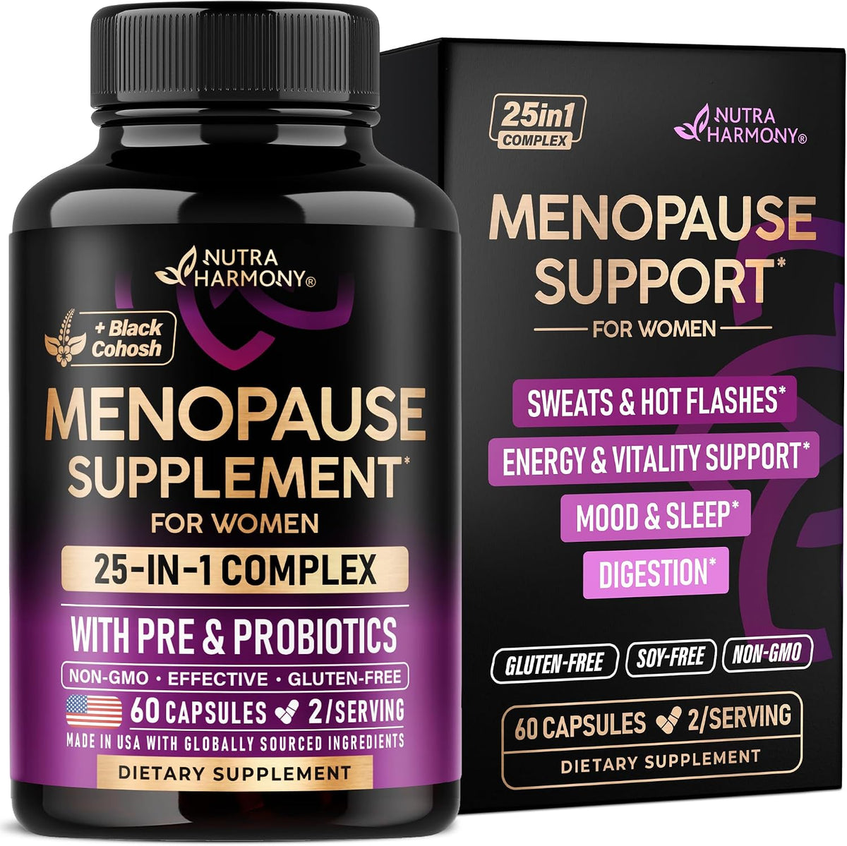 Menopause Supplements for Women - Black Cohosh, Pre & Probiotics - 60 Caps