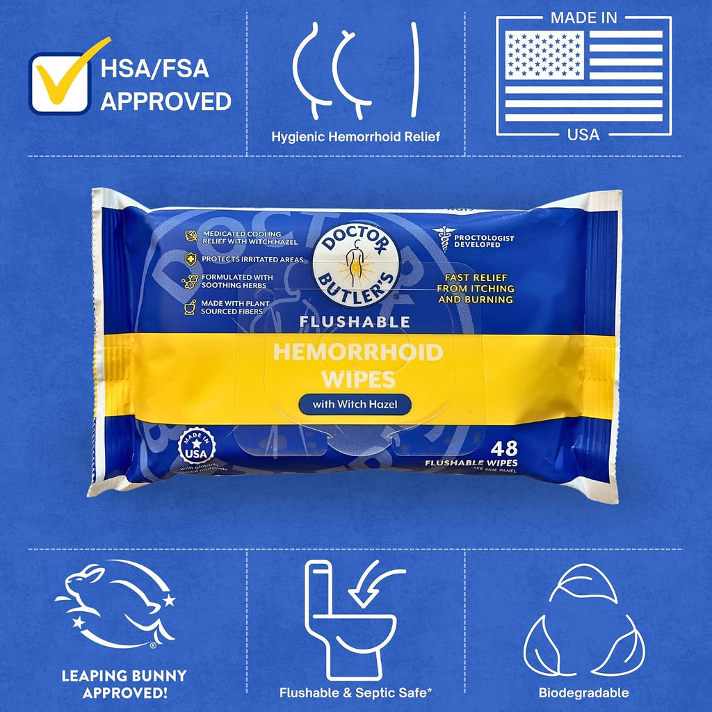 Doctor Butler's Flushable Hemorrhoid Wipes - Flushable Wipes or Moist Compress with Organic Witch Hazel to Soothe and Bring Relief From Discomfort Associated with Hemorrhoids (48 Count)
