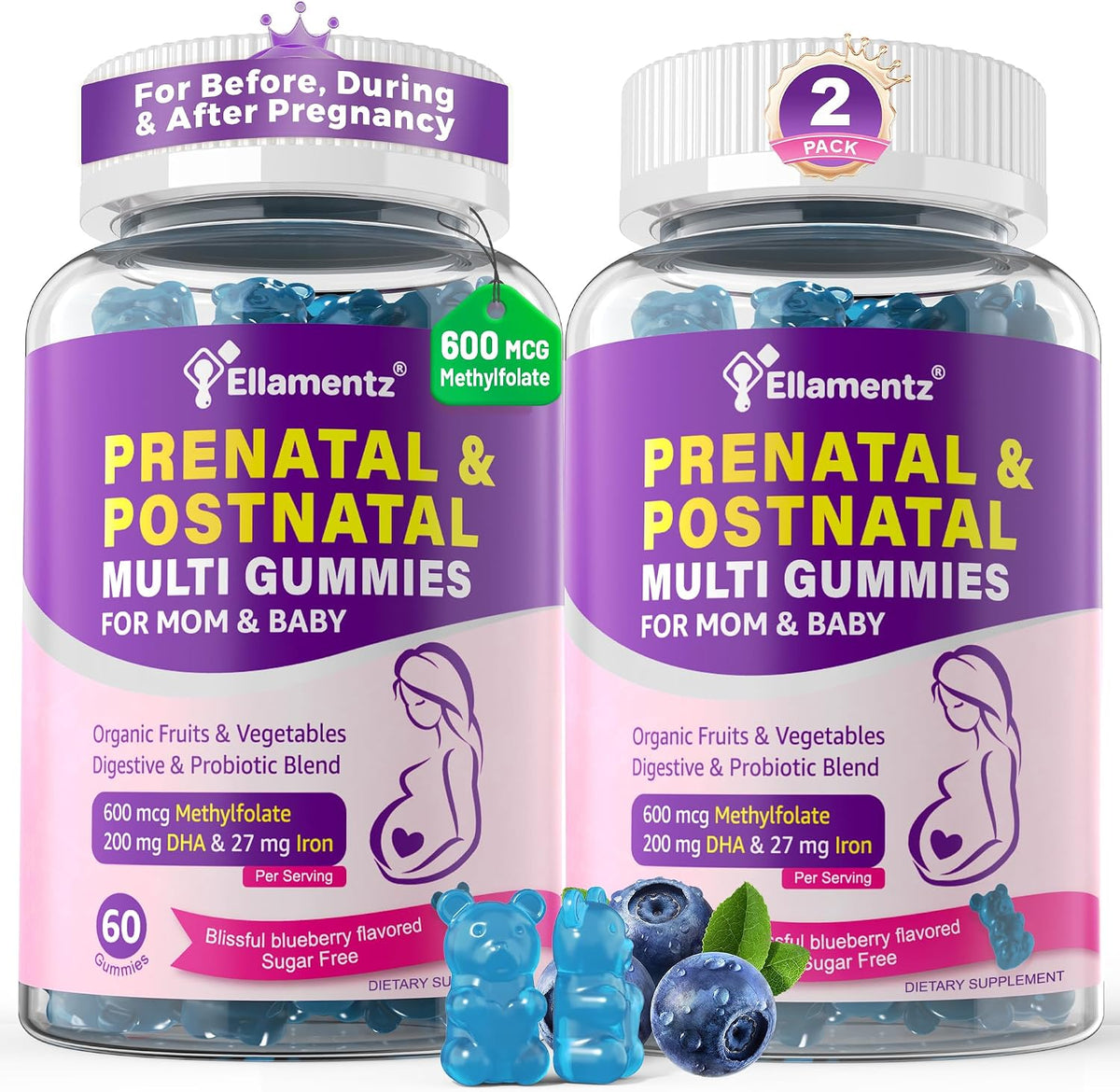 Prenatal Vitamins for Women Gummies + Methylfolate, DHA & Iron, Vegan,120Ct | w/ Omega-3, Organic Food Blend, Choline, Vitamin D3 B6 B12 - Multivitamin for Women Before, During & Post Pregnancy, 0g Sugar