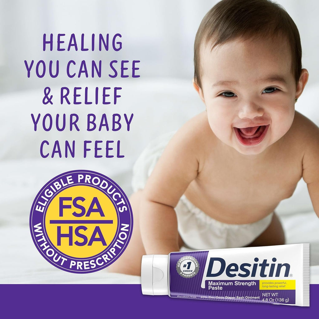 Desitin Maximum Strength Paste, 40% Zinc Oxide Paste, Diaper Rash Healing Ointment for Immediate Relief, Dermatologist Pediatrician Tested, Helps Heal Diaper Rash, Protects Up to 12 Hours, 4.8 Oz Tube